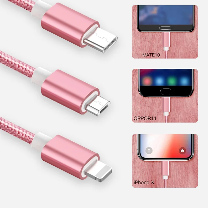 Cadorabo 3 in 1 Nylon Aufladekabel 3m 3m lang USB Mehrfach Aufladekabel- Multi- USB-C, Lightning, Micro USB