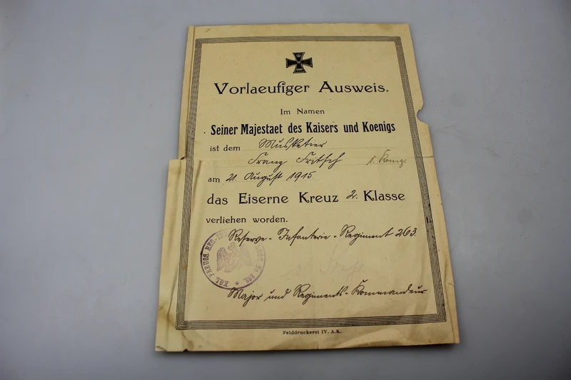 Eisernes Kreuz 2. Klasse, Urkunde aus dem Ersten Weltkrieg