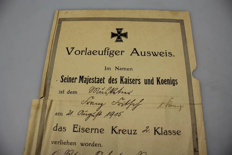 Eisernes Kreuz 2. Klasse, Urkunde aus dem Ersten Weltkrieg