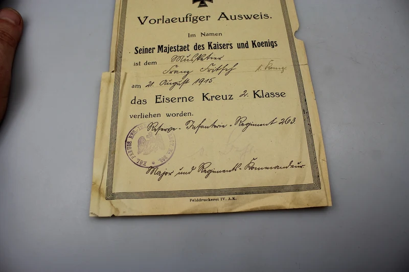 Eisernes Kreuz 2. Klasse, Urkunde aus dem Ersten Weltkrieg