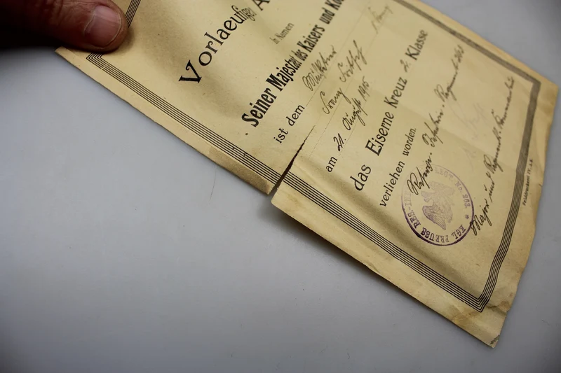 Eisernes Kreuz 2. Klasse, Urkunde aus dem Ersten Weltkrieg