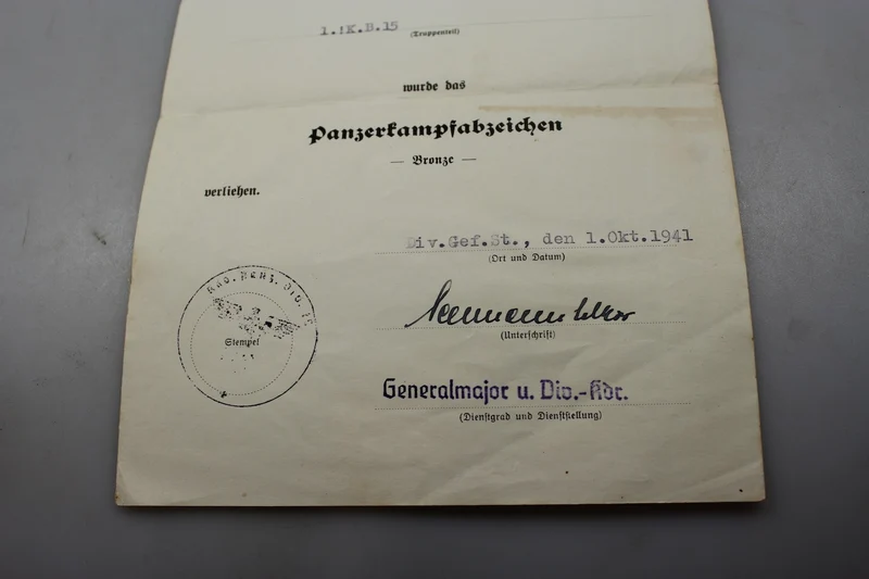 Urkunde Panzerkampfabzeichen „Bronze“.