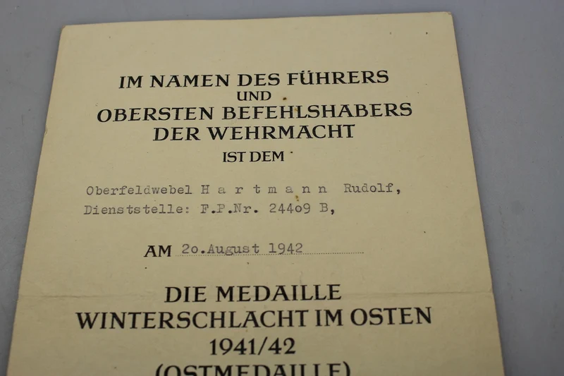 Ostmedaille-Verleihungsurkunde 1941/42