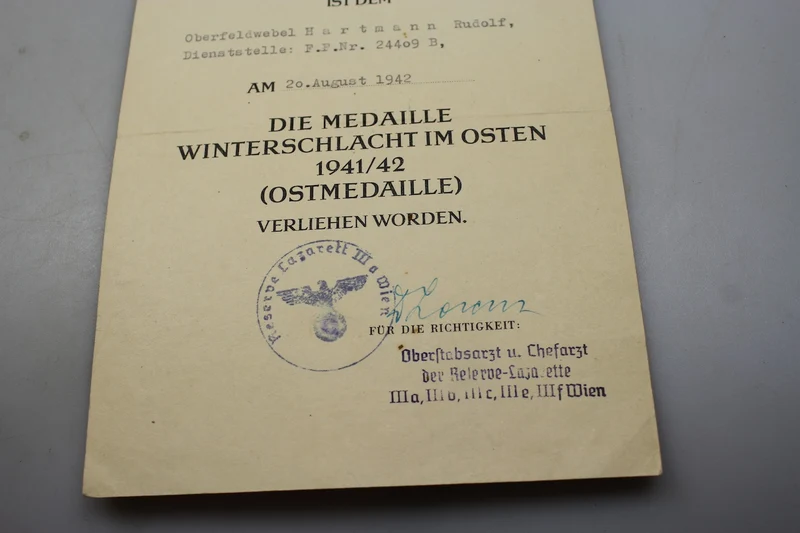 Ostmedaille-Verleihungsurkunde 1941/42