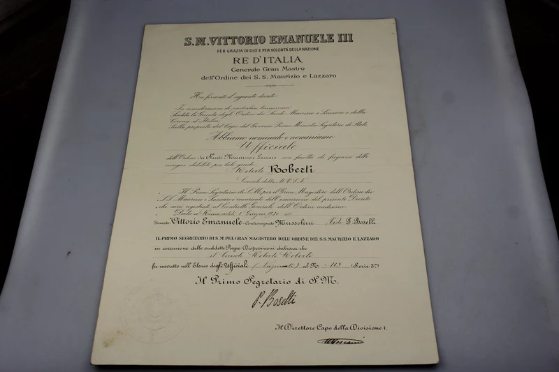 Ernennungsurkunde zum Offizier des Ordens der Heiligen Maurizio und Lazzaro