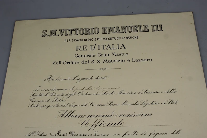 Ernennungsurkunde zum Offizier des Ordens der Heiligen Maurizio und Lazzaro