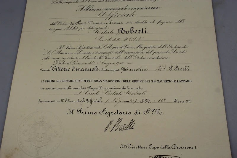 Ernennungsurkunde zum Offizier des Ordens der Heiligen Maurizio und Lazzaro