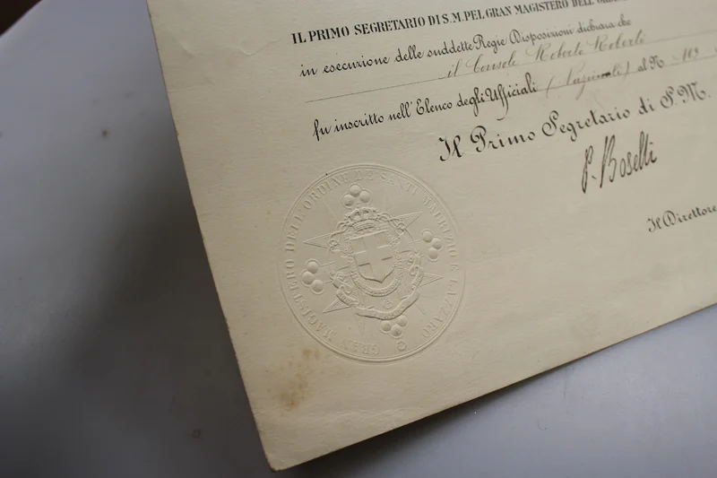 Ernennungsurkunde zum Offizier des Ordens der Heiligen Maurizio und Lazzaro