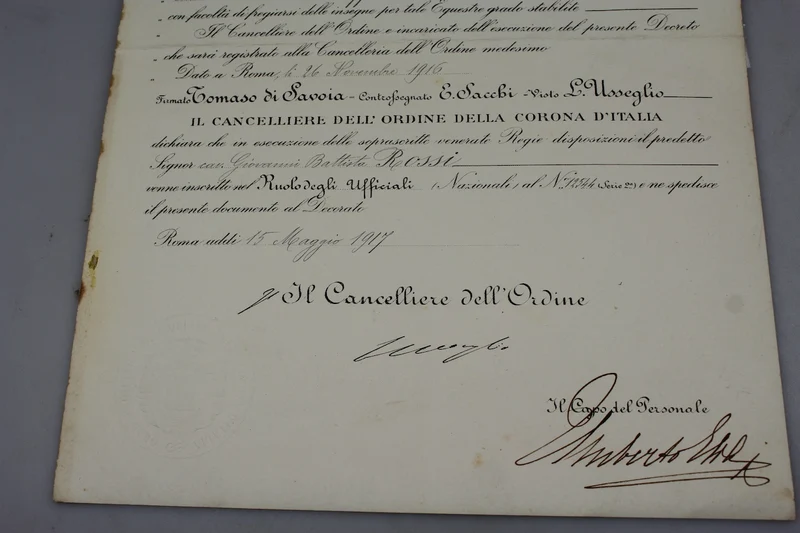Ernennungsurkunde zum Offizier des Ordens der Krone von Italien