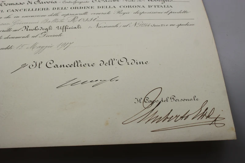 Ernennungsurkunde zum Offizier des Ordens der Krone von Italien