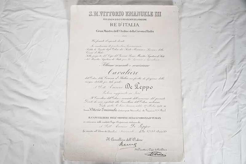 Urkunde für das Ritterkreuz der Krone Italiens