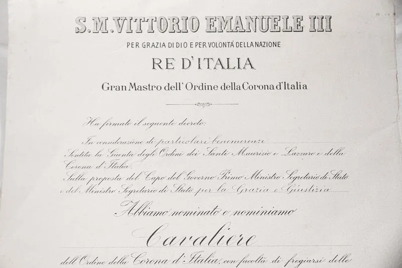 Urkunde für das Ritterkreuz der Krone Italiens
