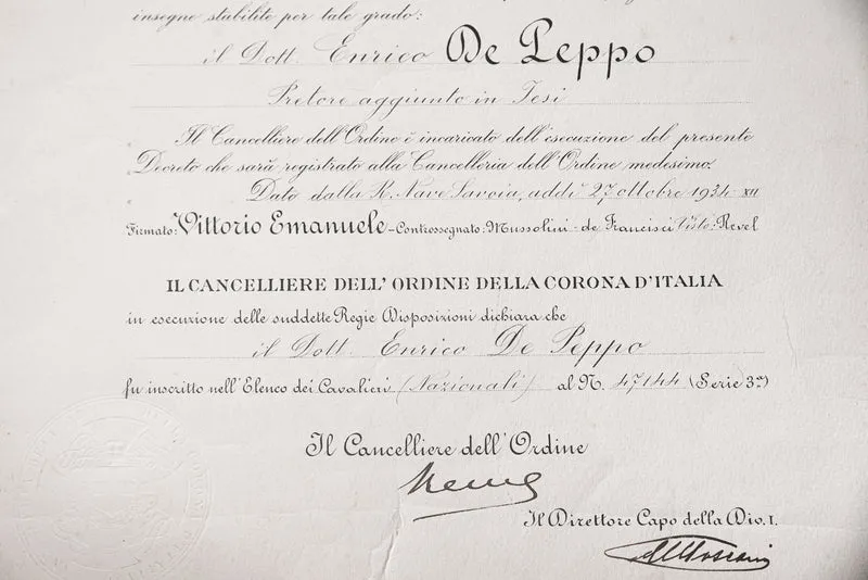 Urkunde für das Ritterkreuz der Krone Italiens
