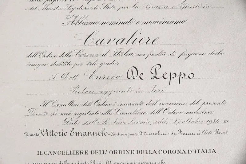 Urkunde für das Ritterkreuz der Krone Italiens