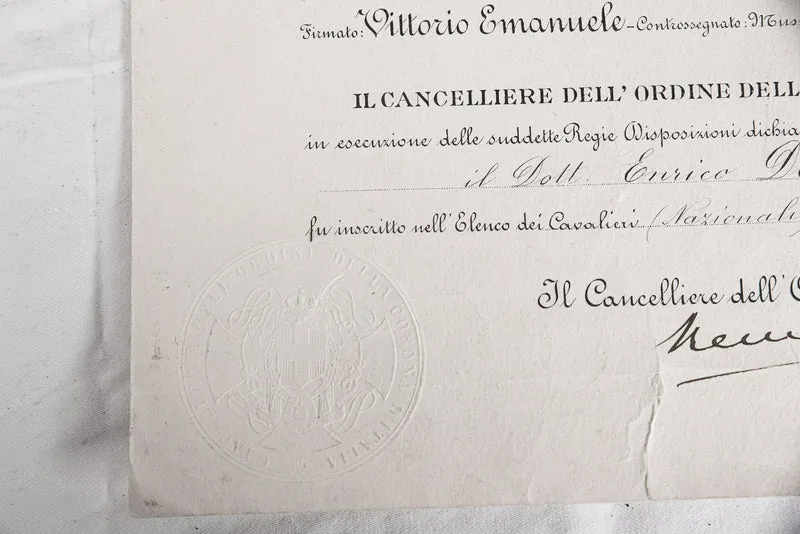 Urkunde für das Ritterkreuz der Krone Italiens