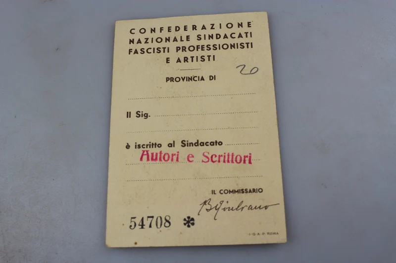 Karte des Nationalen Verbandes faschistischer Berufsverbände und Künstler XII°