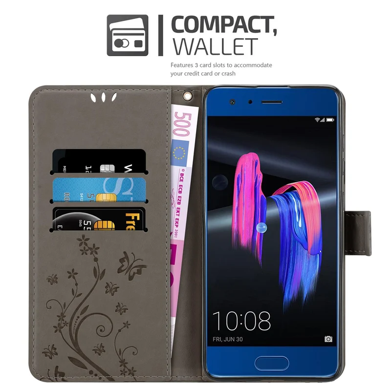 Cadorabo Hülle kompatibel mit Honor 9 Schutzhülle im Blumen Design mit Magnetverschluss, Standfunktion und Kartenfächern