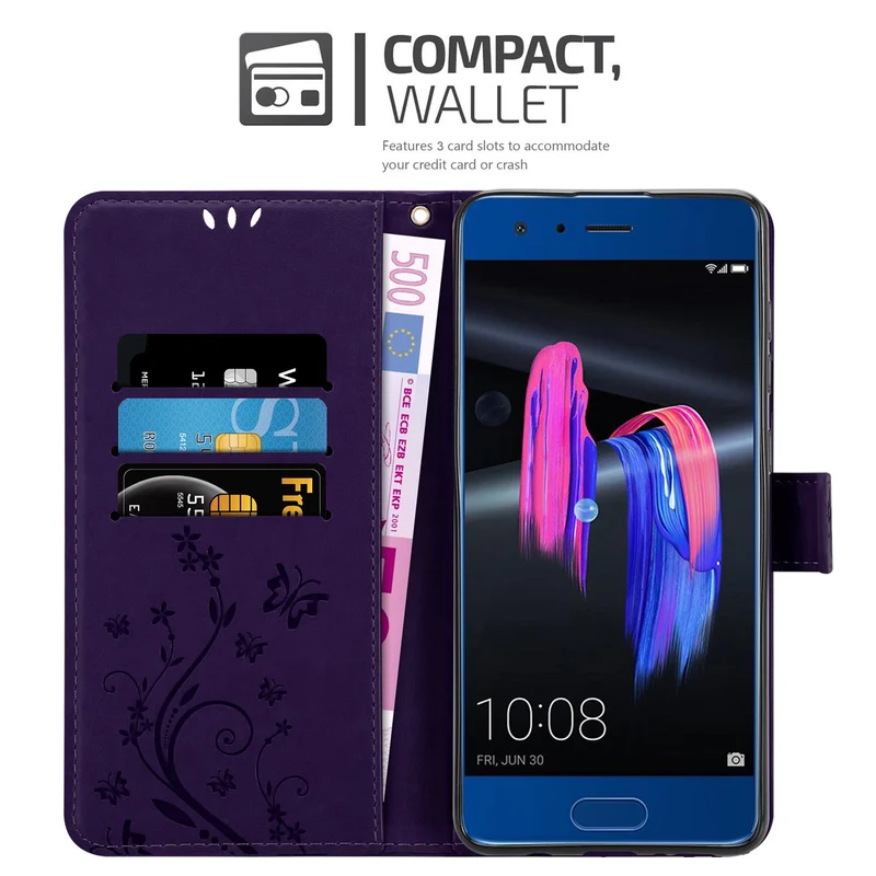 Cadorabo Hülle kompatibel mit Honor 9 Schutzhülle im Blumen Design mit Magnetverschluss, Standfunktion und Kartenfächern