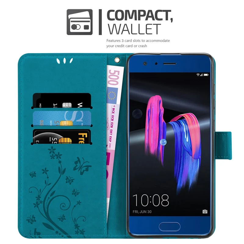 Cadorabo Hülle kompatibel mit Honor 9 Schutzhülle im Blumen Design mit Magnetverschluss, Standfunktion und Kartenfächern