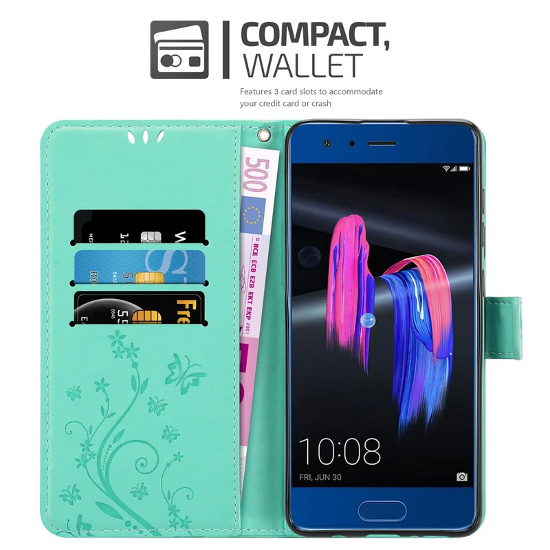Cadorabo Hülle kompatibel mit Honor 9 Schutzhülle im Blumen Design mit Magnetverschluss, Standfunktion und Kartenfächern