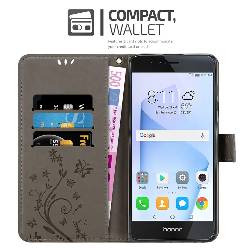 Cadorabo Hülle kompatibel mit Honor 8 / 8 PREMIUM Schutzhülle im Blumen Design mit Magnetverschluss, Standfunktion und Kartenfächern