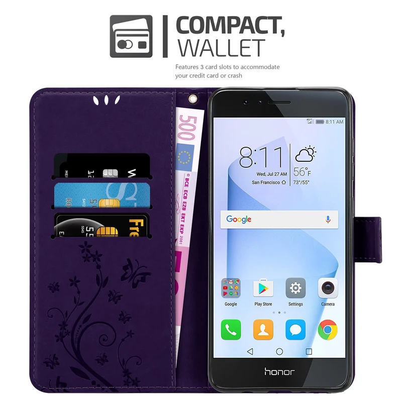 Cadorabo Hülle kompatibel mit Honor 8 / 8 PREMIUM Schutzhülle im Blumen Design mit Magnetverschluss, Standfunktion und Kartenfächern