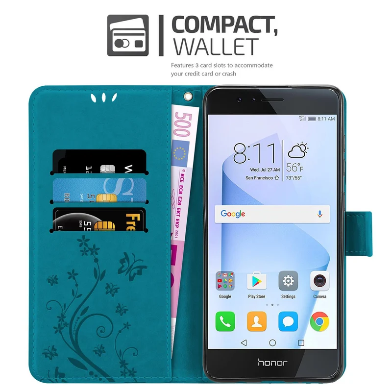 Cadorabo Hülle kompatibel mit Honor 8 / 8 PREMIUM Schutzhülle im Blumen Design mit Magnetverschluss, Standfunktion und Kartenfächern
