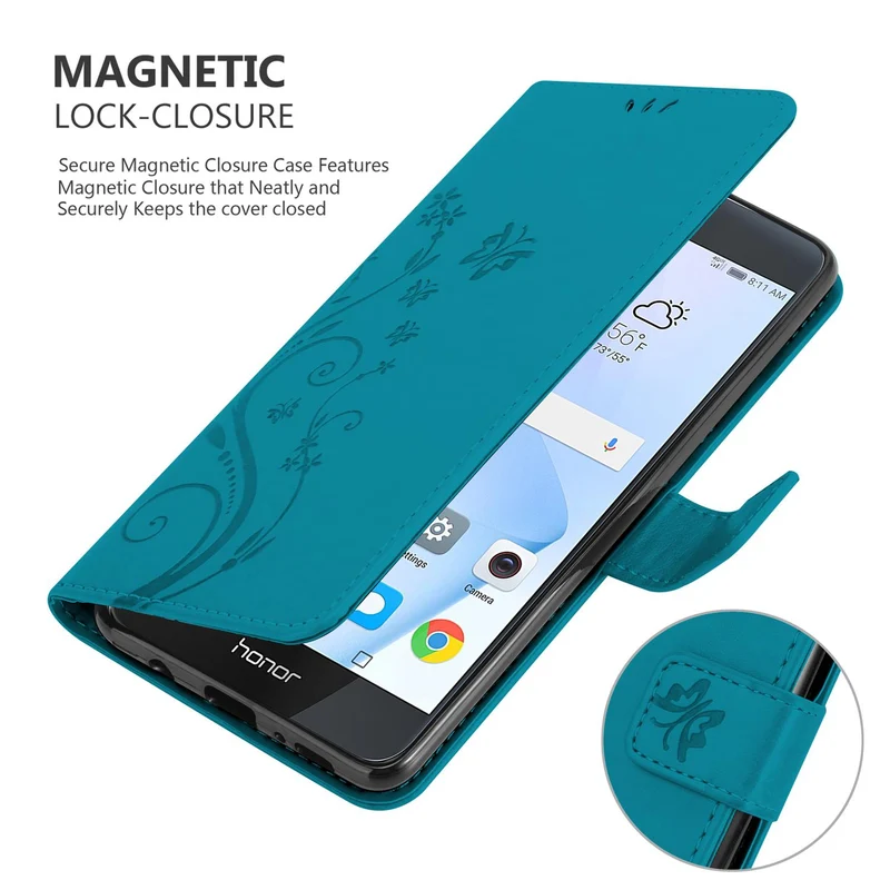 Cadorabo Hülle kompatibel mit Honor 8 / 8 PREMIUM Schutzhülle im Blumen Design mit Magnetverschluss, Standfunktion und Kartenfächern