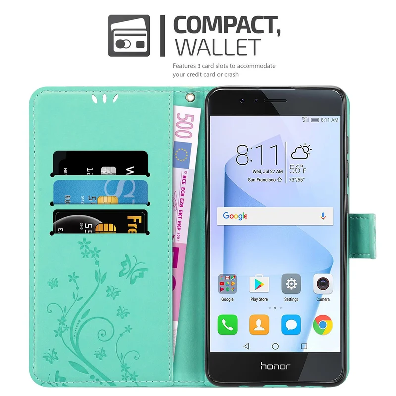Cadorabo Hülle kompatibel mit Honor 8 / 8 PREMIUM Schutzhülle im Blumen Design mit Magnetverschluss, Standfunktion und Kartenfächern
