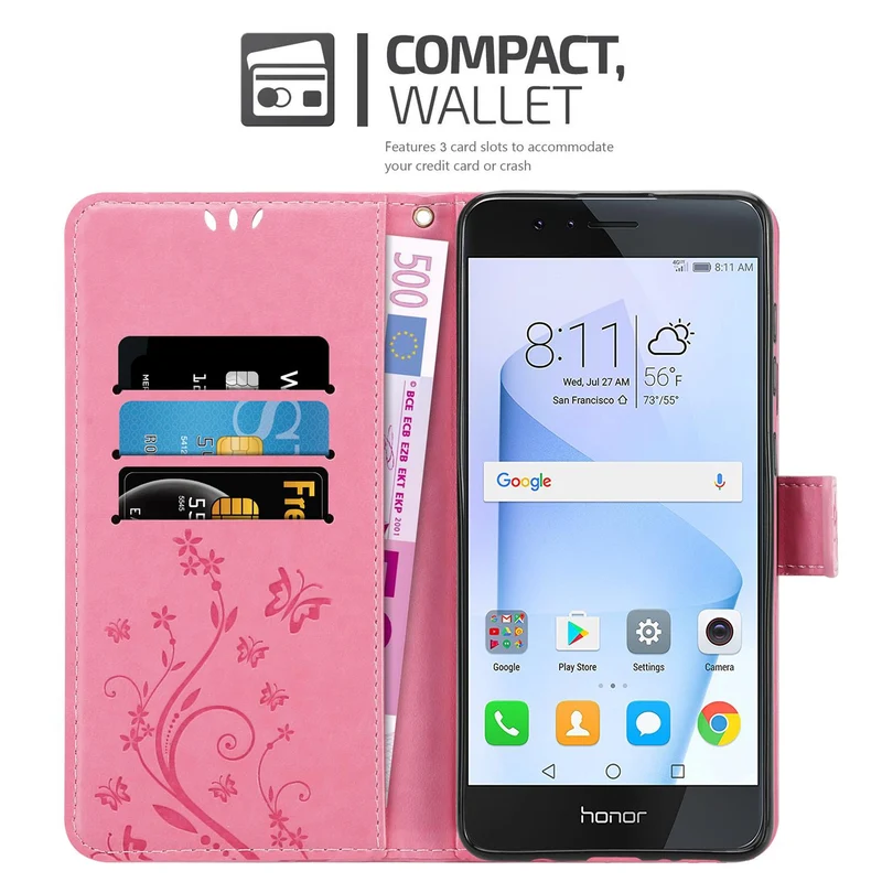 Cadorabo Hülle kompatibel mit Honor 8 / 8 PREMIUM Schutzhülle im Blumen Design mit Magnetverschluss, Standfunktion und Kartenfächern