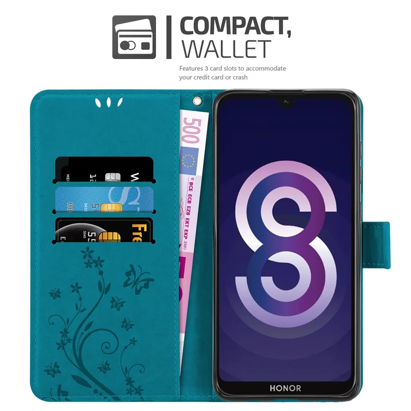 Cadorabo Hülle kompatibel mit Huawei Y5 2019 / Enjoy Play 8 / Honor 8S Schutzhülle im Blumen Design mit Magnetverschluss, Standfunktion und Kartenfächern