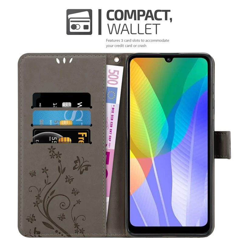 Cadorabo Hülle kompatibel mit Huawei Y6P Schutzhülle im Blumen Design mit Magnetverschluss, Standfunktion und Kartenfächern