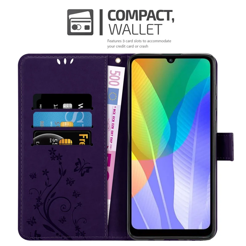 Cadorabo Hülle kompatibel mit Huawei Y6P Schutzhülle im Blumen Design mit Magnetverschluss, Standfunktion und Kartenfächern
