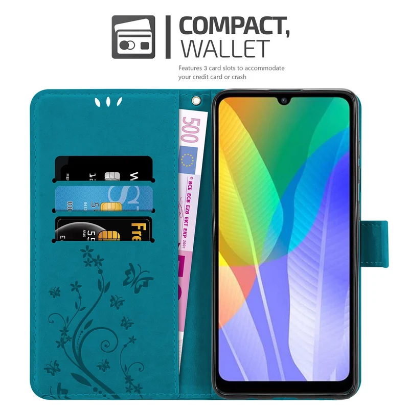Cadorabo Hülle kompatibel mit Huawei Y6P Schutzhülle im Blumen Design mit Magnetverschluss, Standfunktion und Kartenfächern