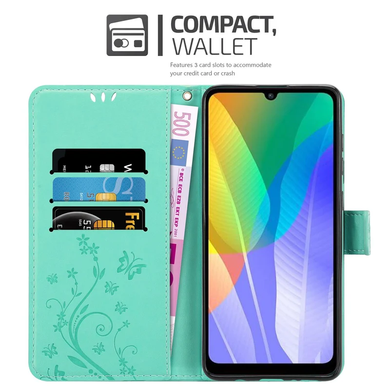Cadorabo Hülle kompatibel mit Huawei Y6P Schutzhülle im Blumen Design mit Magnetverschluss, Standfunktion und Kartenfächern