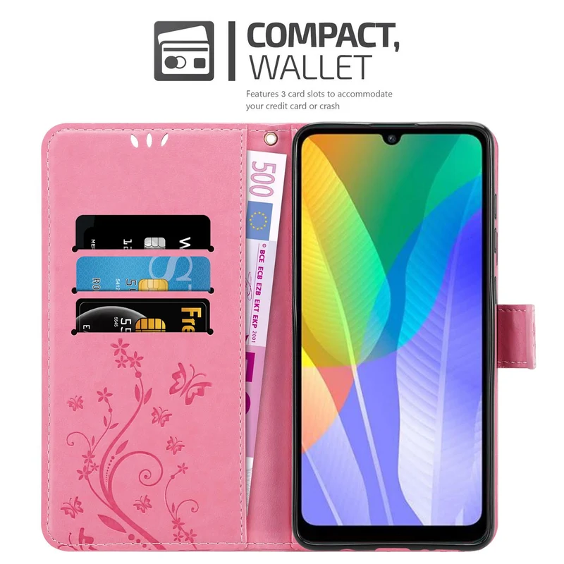 Cadorabo Hülle kompatibel mit Huawei Y6P Schutzhülle im Blumen Design mit Magnetverschluss, Standfunktion und Kartenfächern