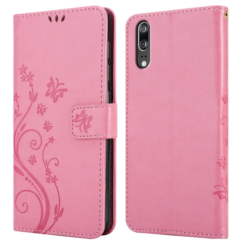 Cadorabo Hülle kompatibel mit Huawei P20 Schutzhülle im Blumen Design mit Magnetverschluss, Standfunktion und Kartenfächern