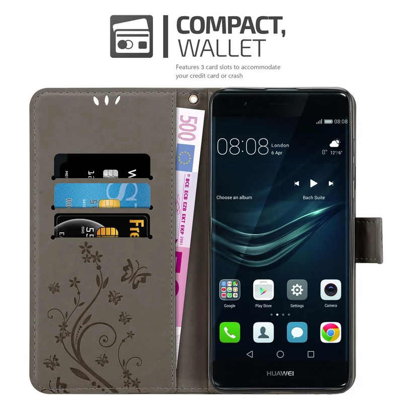 Cadorabo Hülle kompatibel mit Huawei P9 PLUS Schutzhülle im Blumen Design mit Magnetverschluss, Standfunktion und Kartenfächern
