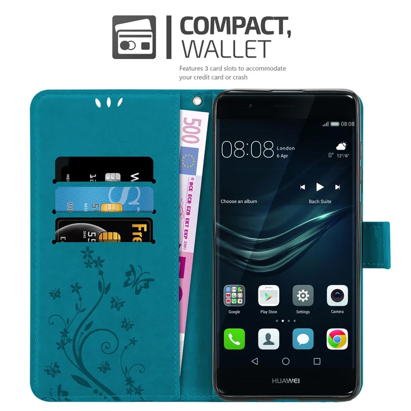 Cadorabo Hülle kompatibel mit Huawei P9 PLUS Schutzhülle im Blumen Design mit Magnetverschluss, Standfunktion und Kartenfächern