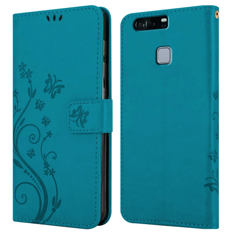 Cadorabo Hülle kompatibel mit Huawei P9 PLUS Schutzhülle im Blumen Design mit Magnetverschluss, Standfunktion und Kartenfächern
