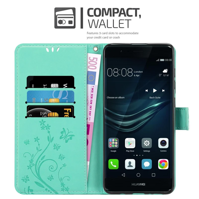Cadorabo Hülle kompatibel mit Huawei P9 PLUS Schutzhülle im Blumen Design mit Magnetverschluss, Standfunktion und Kartenfächern
