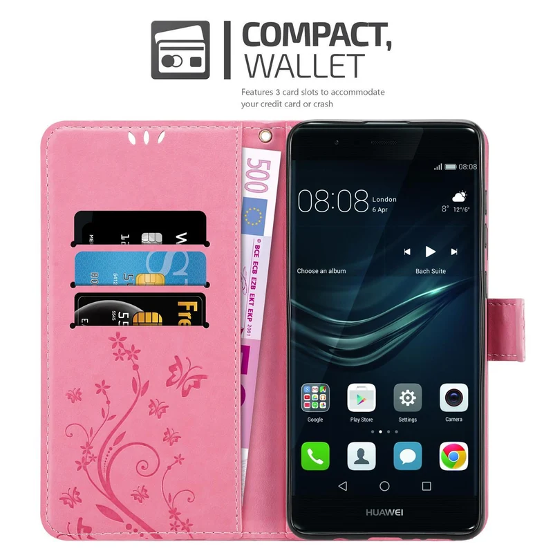 Cadorabo Hülle kompatibel mit Huawei P9 PLUS Schutzhülle im Blumen Design mit Magnetverschluss, Standfunktion und Kartenfächern