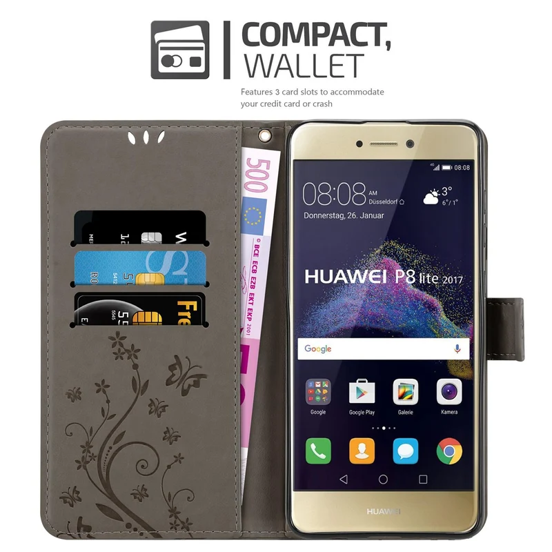 Cadorabo Hülle kompatibel mit Huawei P8 LITE 2017 / P9 LITE 2017 Schutzhülle im Blumen Design mit Magnetverschluss, Standfunktion und Kartenfächern