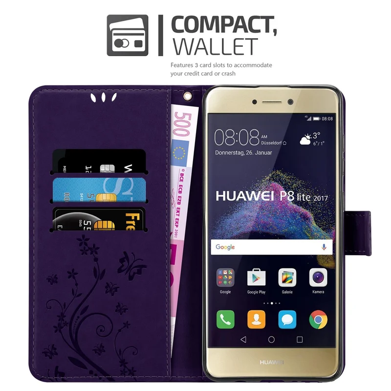 Cadorabo Hülle kompatibel mit Huawei P8 LITE 2017 / P9 LITE 2017 Schutzhülle im Blumen Design mit Magnetverschluss, Standfunktion und Kartenfächern