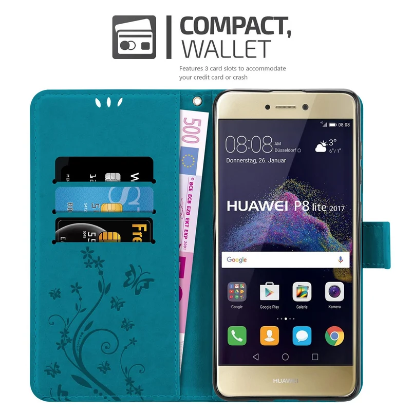 Cadorabo Hülle kompatibel mit Huawei P8 LITE 2017 / P9 LITE 2017 Schutzhülle im Blumen Design mit Magnetverschluss, Standfunktion und Kartenfächern