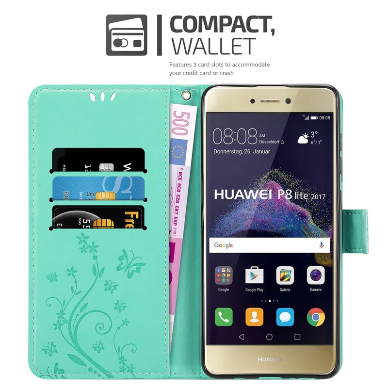 Cadorabo Hülle kompatibel mit Huawei P8 LITE 2017 / P9 LITE 2017 Schutzhülle im Blumen Design mit Magnetverschluss, Standfunktion und Kartenfächern