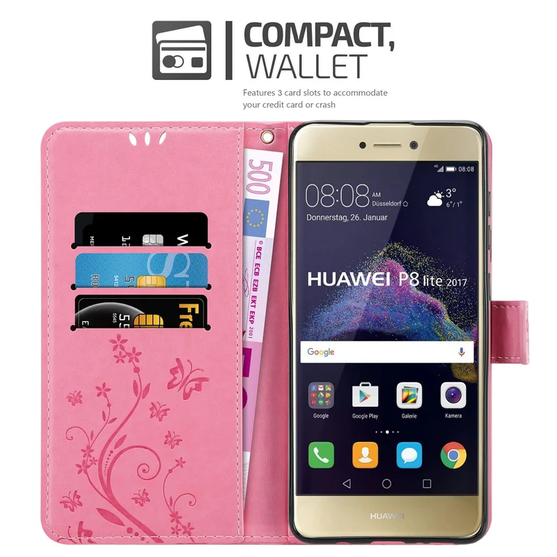 Cadorabo Hülle kompatibel mit Huawei P8 LITE 2017 / P9 LITE 2017 Schutzhülle im Blumen Design mit Magnetverschluss, Standfunktion und Kartenfächern