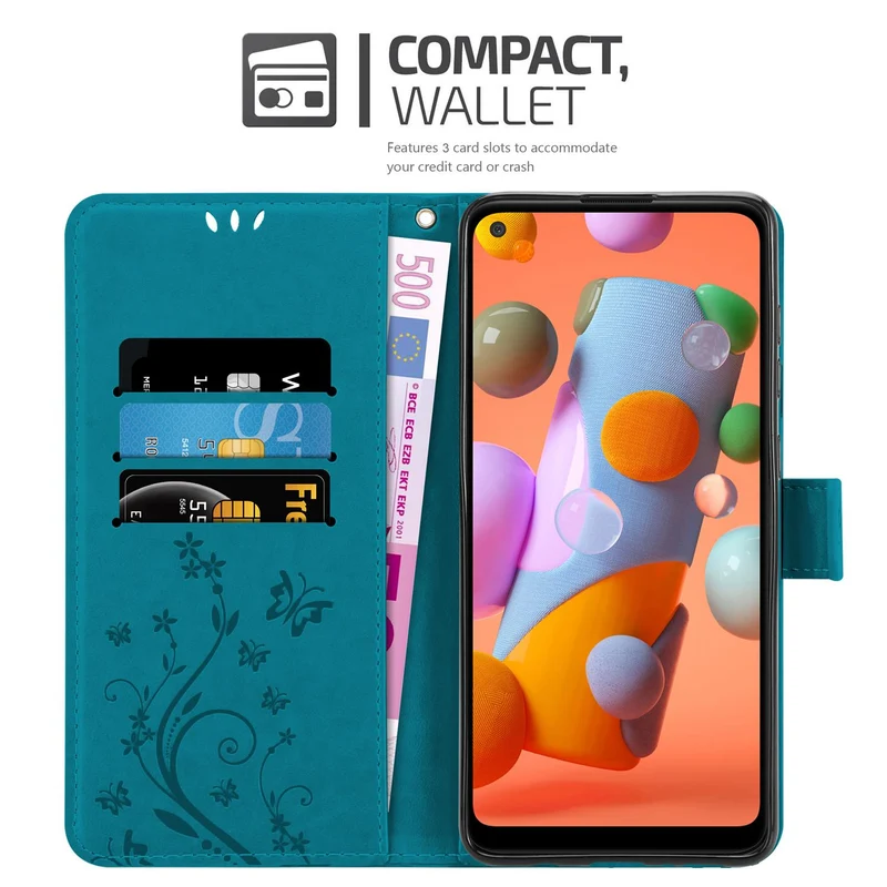 Cadorabo Hülle kompatibel mit Samsung Galaxy A11 / M11 Schutzhülle im Blumen Design mit Magnetverschluss, Standfunktion und Kartenfächern