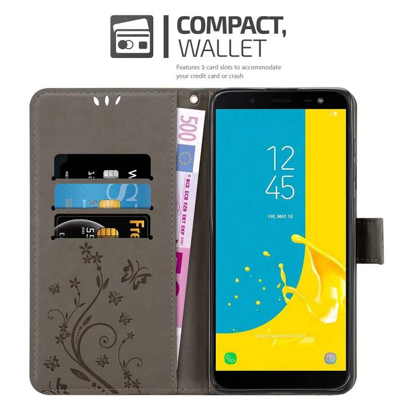 Cadorabo Hülle kompatibel mit Samsung Galaxy J6 2018 Schutzhülle im Blumen Design mit Magnetverschluss, Standfunktion und Kartenfächern