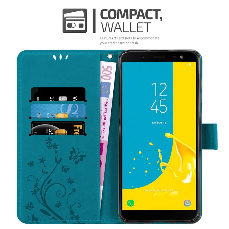 Cadorabo Hülle kompatibel mit Samsung Galaxy J6 2018 Schutzhülle im Blumen Design mit Magnetverschluss, Standfunktion und Kartenfächern